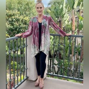 NEW Origami Apparel Cream & Pink Rose Floral Flower Print Boho Lace Cardigan S M